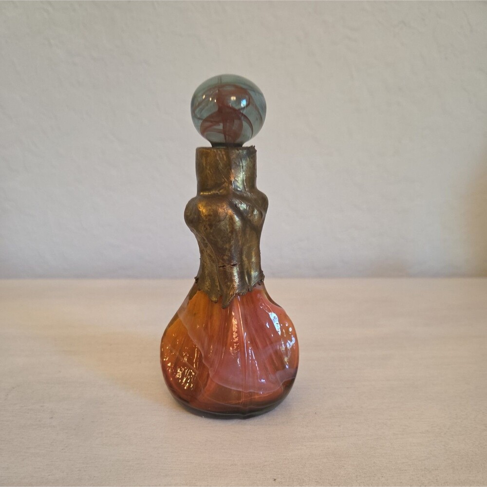 Vintage Hand Blown Signed Art Glass Perfume Bottle Orange and Gold Cadium Glow